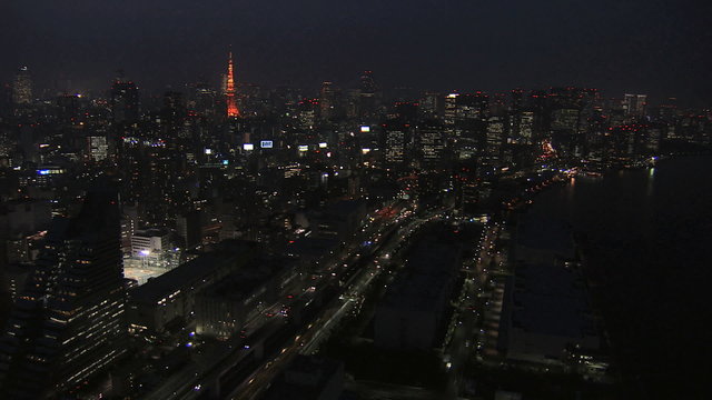 Aerial illuminated Metropolis city night Tokyo Tower Bay Odaiba Japan