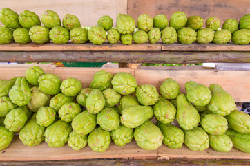 Bitter gourd or Chayote on wood in farms of agriculturist