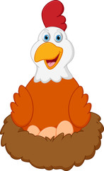 Happy hen cartoon with eggs on nest
