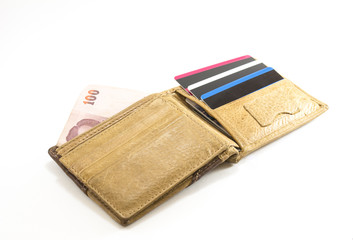 Wallet brown leather with credit card and 100 thai bath on white