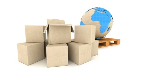 Cardboard boxes and Earth globe