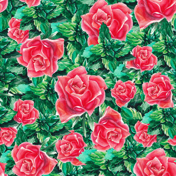 watercolor rose and leafs pattern