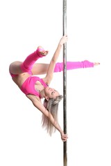 Young pole dance woman make twisted grip handspring isolated