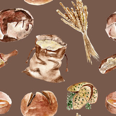Seamless pattern with bread, flour, wheat. Watercolor