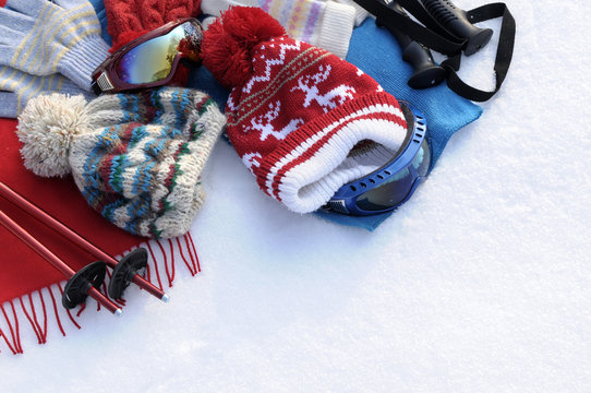 Winter sports background ski skiing equipment and clothes in snow photo