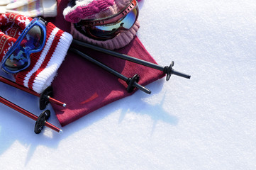 Ski and snow skiing equipment and clothes with white background photo