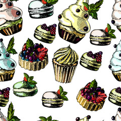 Pattern with bright and delicious pies, cupcakes and macaroon on