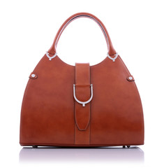 Brown leather handbag on white background - obrazy, fototapety, plakaty