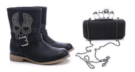 Black shoes and handbag brass knuckles with skull - obrazy, fototapety, plakaty