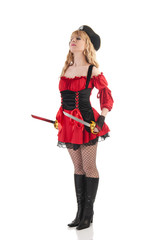 Proud standing pirate woman isolated on white