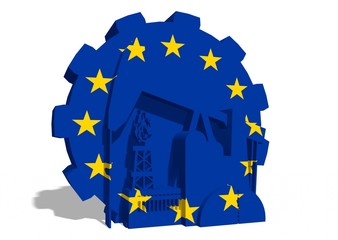 factory, derrick, gas rig icons and europe flag textured gear