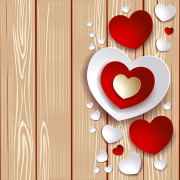 Valentine illustration with hearts on wooden background