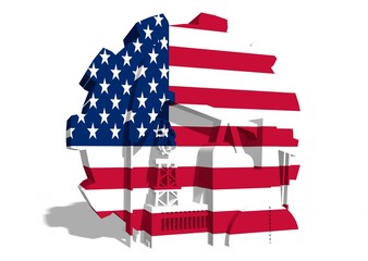 factory, derrick, gas rig icons and usa flag textured gear