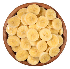 Banana slices in a wooden bowl on a white