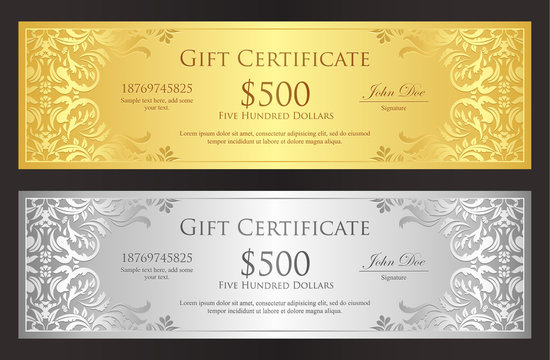 Luxury golden and silver voucher with vintage ornament