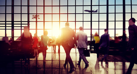 Business People Rushing Walking Plane Travel Concept
