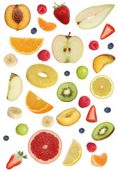Collage von Früchte wie Orange Frucht, Apfel, Banane und Erdbee