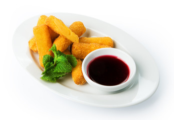 Restaurant food isolated - cheese sticks with berry sauce