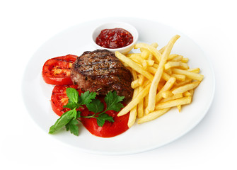 Restaurant food isolated - beef grilled steak with french fries