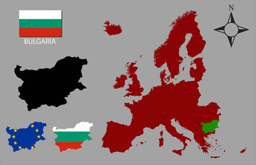Bulgaria - Three contours, Map of Europe and flag vector