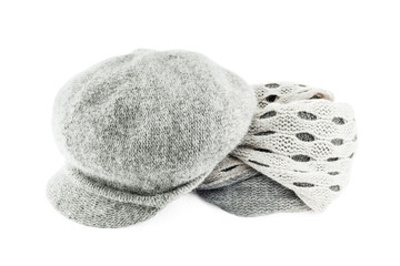 Woolen scarf and cap isolated on white background