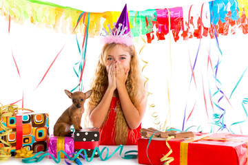 Obraz na płótnie Canvas Party blond kid girl happy with puppy present