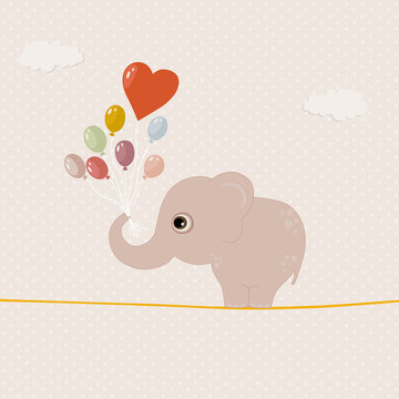 Pink elephant with colorful balloons on a wire