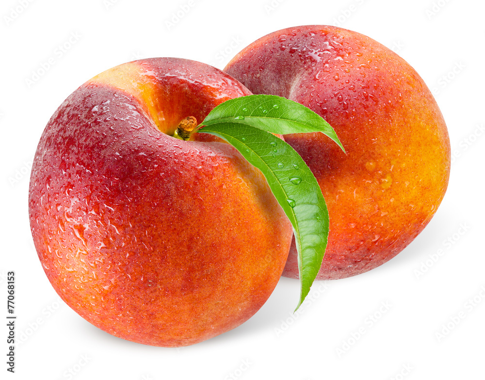 Wall mural two peaches with drops isolated on white