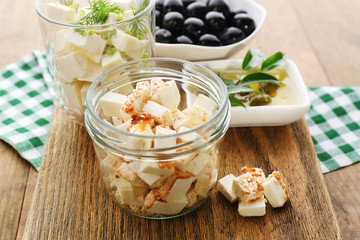 Feta cheese on table
