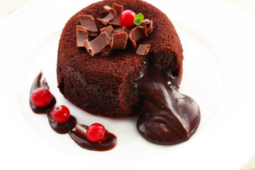 Hot chocolate pudding with fondant centre, close-up