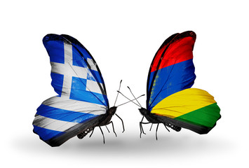 Two butterflies with flags Greece and Mauritius