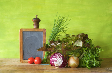 salads,herbs, vegetables, blackboard, healthy food concept