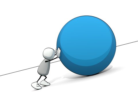 little sketchy man as sisyphus rolling a big blue ball