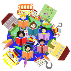 Happy children of different races reading books, our planet for