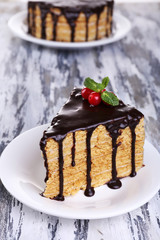 Chocolate cake on wooden table