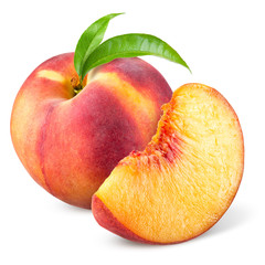 Peach with slice and leaves isolated on white