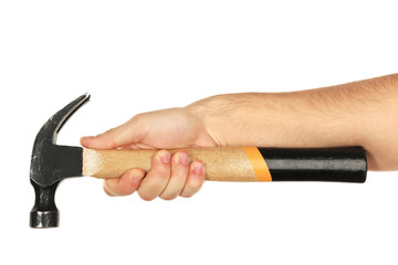 Male hand with hammer isolated on white