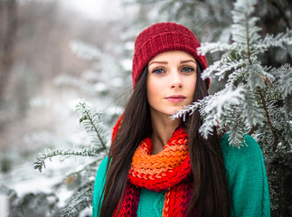 Beautiful young girl in winter frost park