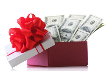 Bundle of dollars in present box with bow isolated on white
