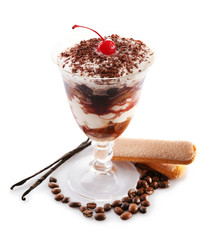Tasty tiramisu dessert in glass, isolated on white