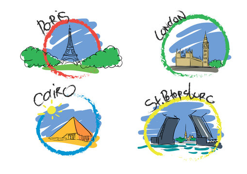 Travel icons with arhitectural symbols of cities