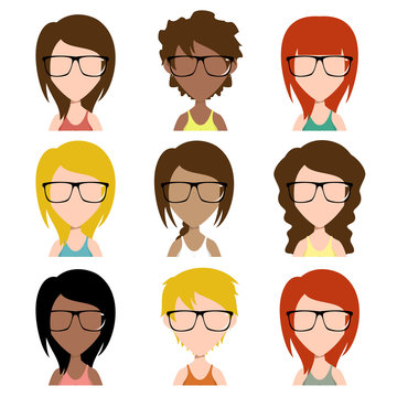 Women hipster avatar, vector, set collection