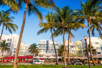 Miami Beach, Florida hotels and restaurants at twilight on Ocean