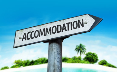 Accommodation sign with a beach on background - obrazy, fototapety, plakaty
