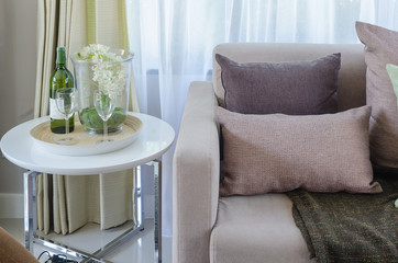 pillows with blanket on sofa in living room