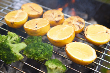 lemons, broccoli, grilled
