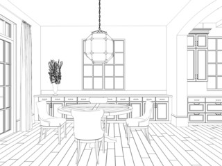 Sketch of living room with dining area: classic chairs and table