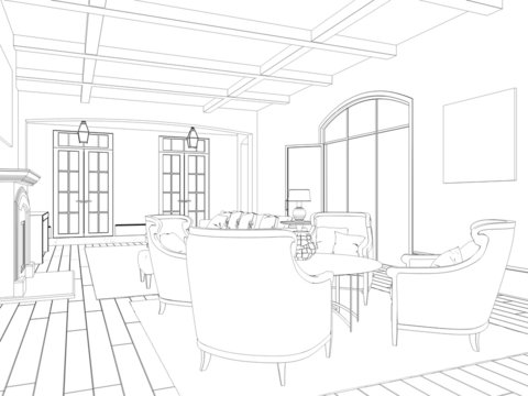 Sketch of living room with dining area: classic chairs and table