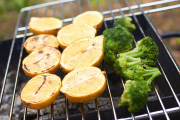 lemons, broccoli, grilled