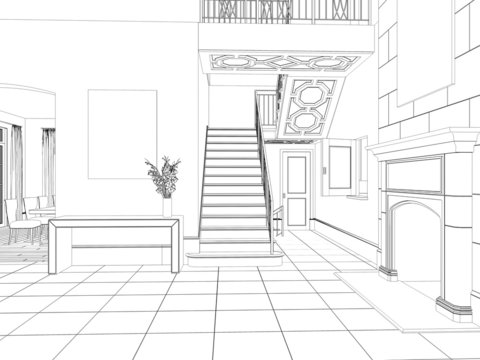 Sketch of room interior design with fireplace and stairs